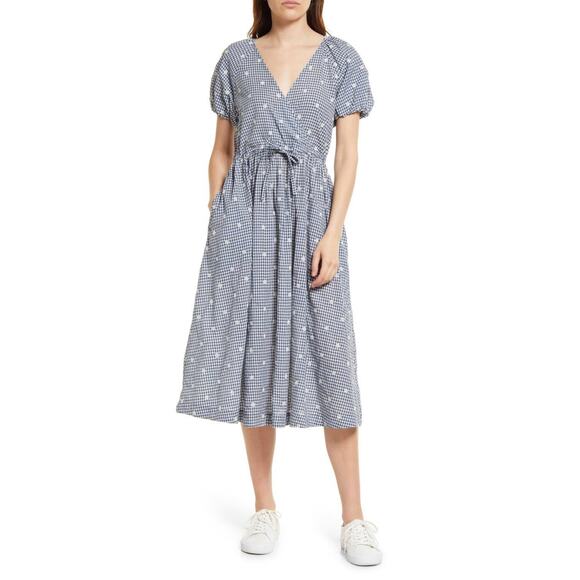 Madewell Blue White Faux Wrap Embroidered Gingham Check Midi Dress XXS Tie Waist - Picture 4 of 12